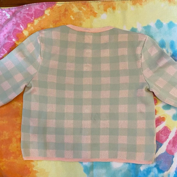 Zara green pink plaid short sleeve button up cardigan sweater, Sz M - Picture 7 of 9